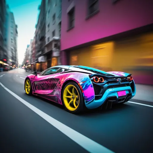 Prompt: vibrant inkpunk style photo of a currently speeding futeristick hyper car