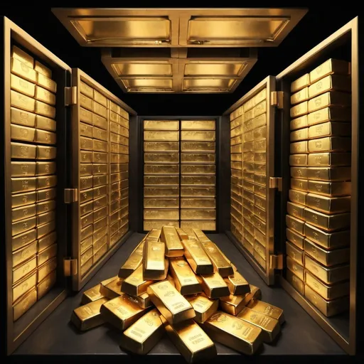 Prompt: a large vault full of gold bars, cash,  diomands, Emralds, and rubys.
