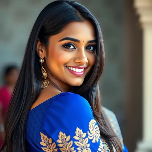 Prompt: A young 22-year-old Indian British woman with a stunning and confident appearance. She has a radiant smile on her face, exuding charm and positivity. Her attire is a traditional outfit in a vibrant blue color, richly detailed with intricate embroidery and embellishments. Her long, silky black hair cascades down her back, framing her beautifully symmetrical face. Her large, expressive eyes, adorned with subtle makeup, draw attention with their mesmerizing depth. Her sharp, clear facial features are illuminated in soft, flattering light, showcasing every detail with clarity. Her well-toned, graceful physique resembles that of a goddess, reflecting both strength and elegance. The background is softly blurred to emphasize her presence and create a captivating focus on her beauty and aura