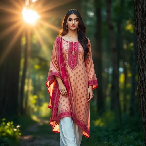 Prompt: professional photography of a Persian  supermodel woman, she wears a Indian Kurti and Payjama, lush forest, sun rays filtering through the trees illuminate. She is wearing a short necklace and has a perfect long neck
She is wearing 7 inch high heels She has stunning perfect green and gold eyes. Her legs are long and perfect, with her legs apart