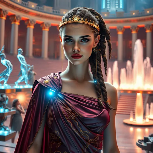 Prompt: A futuristic take on an Ancient Roman beauty with fair skin, refined features, and a noble, commanding expression. She wears a modern asymmetrical dress in metallic burgundy with gold circuitry patterns, complemented by a glowing holographic cape. Her hair is styled in intricate braids with shimmering fiber optic strands woven through, adorned with a golden diadem emitting a soft light. She stands in a high-tech amphitheater surrounded by holographic statues, robotic sculptures, and glowing fountains powered by advanced energy systems.