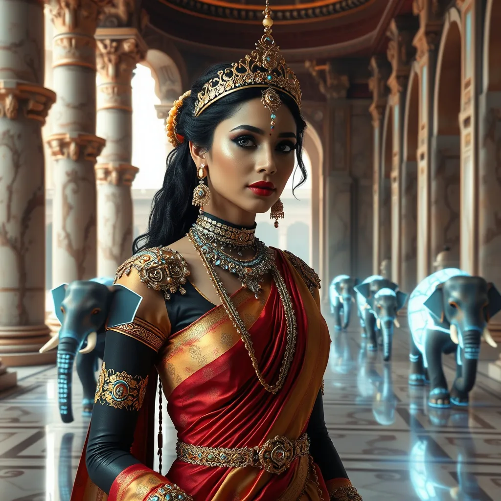 Prompt: A futuristic rendition of Indian royalty, where a queen or princess is dressed in a dazzling outfit featuring traditional Indian elements like rich silk, gold embroidery, and intricate jewelry, but with a high-tech twist. The palace is a blend of old and new, with ancient marble columns adorned with glowing circuit patterns, and holographic elephants walking through the palace courtyard. The scene is bathed in soft, ethereal light, creating a majestic atmosphere