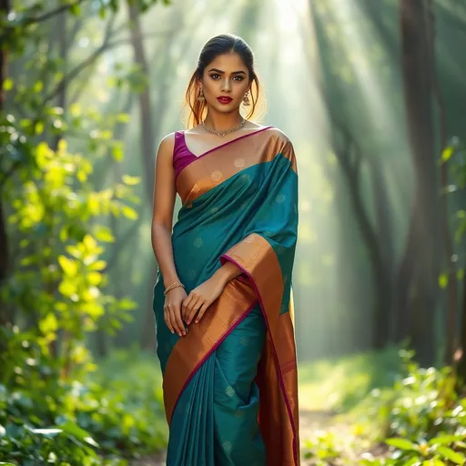 Prompt: professional photography of a Brazilian supermodel woman, she wears a Indian Traditional Saree, lush forest, sun rays filtering through the trees illuminate. She is wearing a short necklace and has a perfect long neck
She is wearing 7 inch high heels She has stunning perfect green and gold eyes. Her legs are long and perfect, with her legs apart