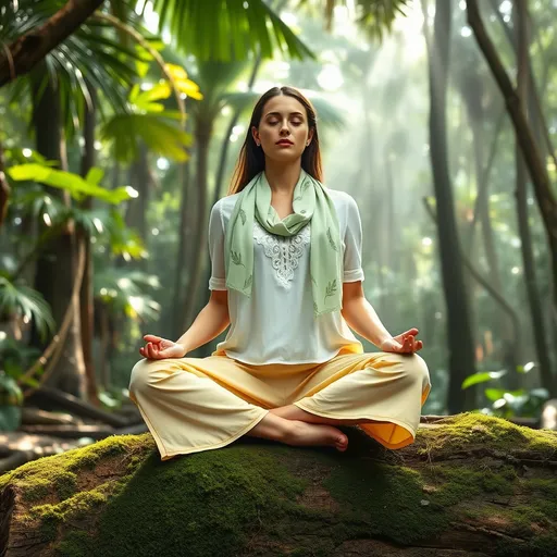 Prompt: A meditating woman with a slender yet curvy frame (5'7", approximately 125 lbs), sitting in the lotus position on a large, mossy log in a tropical forest. She is dressed in a fitted white linen blouse with lace detailing, paired with loose, flowing culottes in pastel yellow. A lightweight scarf in soft green, covered in delicate fern patterns, is draped over her shoulders. Her long legs are crossed comfortably, and her bare feet rest on the cool moss. The air is thick with the scent of wet earth and flowers, and shafts of sunlight pierce through the dense canopy above.