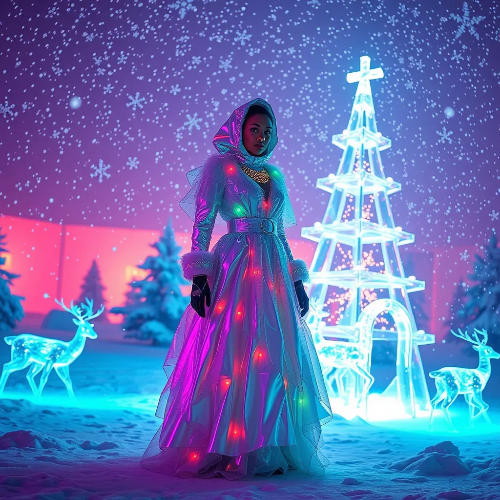 Prompt: A stunning winter wonderland illuminated by neon lights, with shimmering holographic snowflakes falling gently. In the center stands a figure dressed in a radiant, futuristic gown of reflective materials that change color with every movement. Her attire is adorned with subtle LED circuits and glowing accents. Around her, a crystal-clear ice sculpture of a Christmas tree shines, while glowing holographic deer prance through the snow, creating a dreamlike and enchanting atmosphere