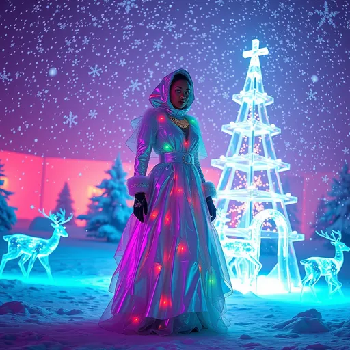 Prompt: A stunning winter wonderland illuminated by neon lights, with shimmering holographic snowflakes falling gently. In the center stands a figure dressed in a radiant, futuristic gown of reflective materials that change color with every movement. Her attire is adorned with subtle LED circuits and glowing accents. Around her, a crystal-clear ice sculpture of a Christmas tree shines, while glowing holographic deer prance through the snow, creating a dreamlike and enchanting atmosphere