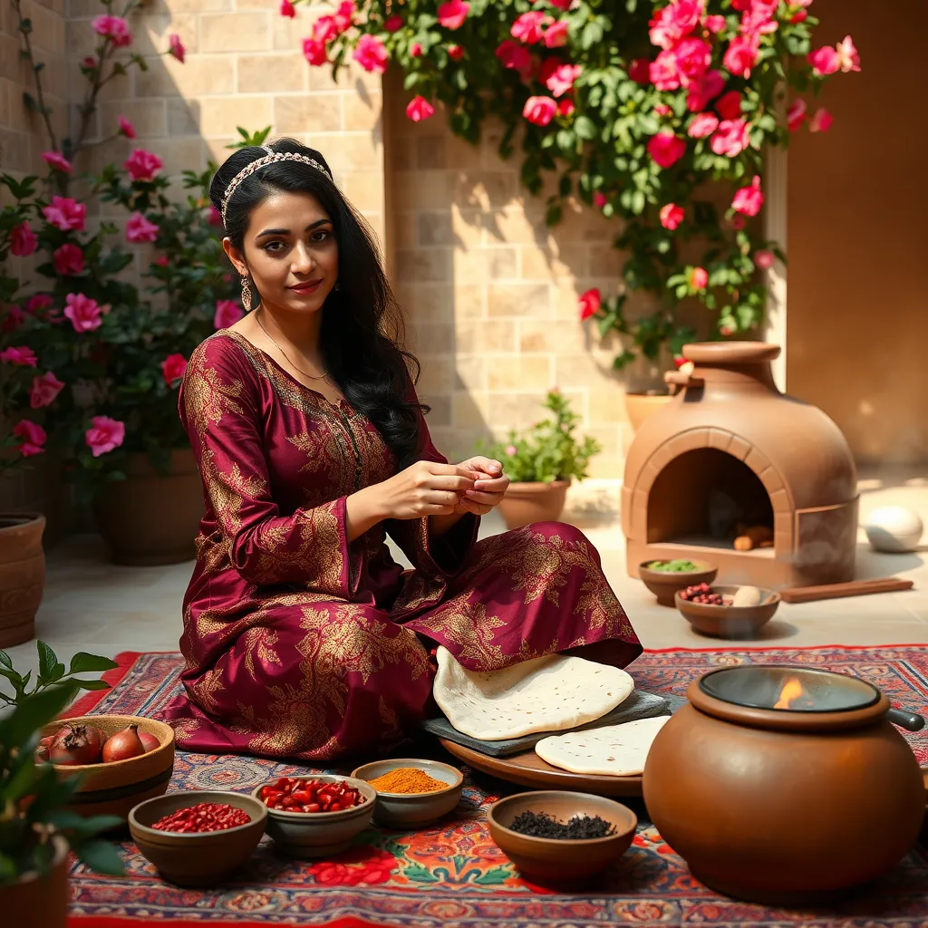 Prompt: A Persian woman with an elegant build (5'6", approximately 125 lbs) is seated cross-legged on a colorful rug in a beautiful courtyard surrounded by tiled walls and blooming flowers. She wears a richly patterned silk dress in deep maroon and gold, with her sleeves rolled up to her elbows. Her dark, curly hair is tied back with a jeweled headband. She carefully shapes dough into flatbreads, with bowls of saffron, pomegranates, and fragrant spices arranged around her. A small clay oven nearby emits a faint glow as smoke rises into the open air, and her expression radiates calm focus.