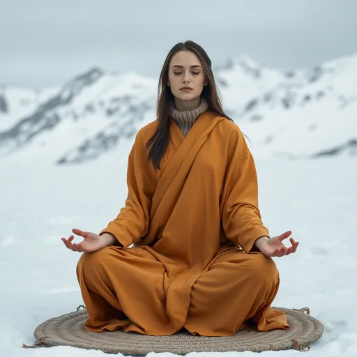 Prompt: A meditative woman dressed in minimalist robes, inspired by traditional monk attire. She wears a loose, saffron-colored robe with simple, unadorned fabric, draped gracefully over her shoulders and flowing down to her ankles. Beneath the robe, she has a soft woolen inner layer in earthy tones for warmth. Her feet are bare, resting on a woven mat placed over the snow. Her face is serene, with the stark, snowy mountains symbolizing the purity of her spiritual journey.