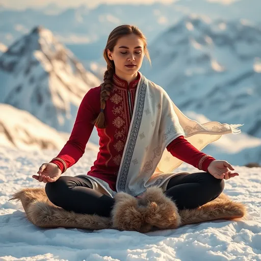 Prompt: A serene scene of a young woman meditating on a snow-covered mountain peak. She is sitting in the lotus position on a thick, fur-lined mat. Her outfit is a blend of modern and traditional styles: a fitted, long-sleeved thermal tunic in deep crimson with intricate golden embroidery inspired by Himalayan patterns. She wears snug black leggings tucked into soft, fur-lined boots. A flowing white shawl with delicate silver embroidery is draped loosely over her shoulders, fluttering gently in the cold breeze. Her hair is tied back into a simple braid, with a few loose strands framing her peaceful face. The surrounding snow glistens under the soft morning sunlight, with towering peaks in the distance. A warm glow radiates around her, symbolizing inner peace amidst the cold wilderness.