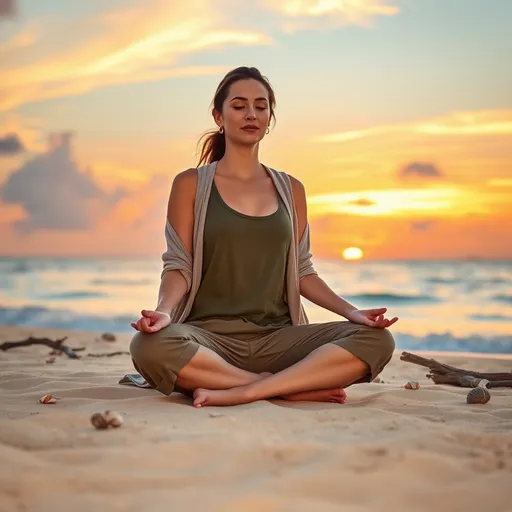 Prompt: A meditating woman with a tall and athletic frame (5'9", approximately 140 lbs), sitting cross-legged on the golden sands of a tropical beach at sunset. She is dressed in lightweight cargo pants rolled up to her calves, paired with a sleeveless, olive-green tank top. A light, open cardigan made of breathable fabric is draped over her shoulders, and her feet are bare, lightly brushing against the sand. The orange and pink hues of the setting sun reflect on the calm ocean, and scattered driftwood and seashells surround her serene posture