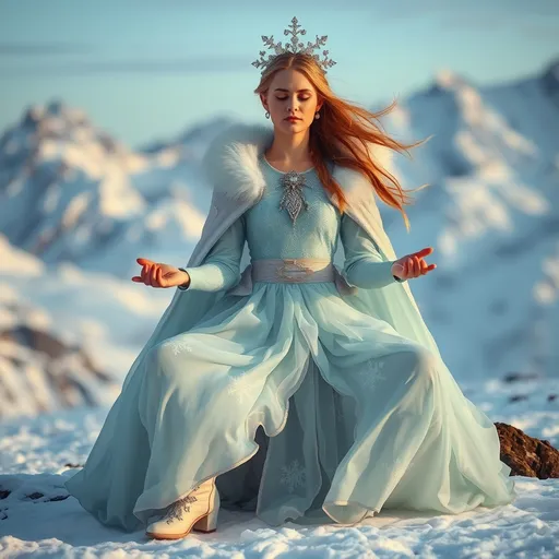 Prompt: A meditating woman dressed in an ethereal outfit: a flowing, ice-blue gown made of thick, layered fabric, embroidered with patterns resembling snowflakes. A silver, fur-lined cape drapes elegantly over her shoulders, held in place by a delicate clasp shaped like a lotus. She wears tall, white boots with intricate embroidery and a circlet of crystal snowflakes resting gently on her head. The cold wind brushes past her serene face, creating an aura of mysticism amidst the snowy peaks.