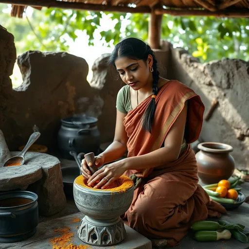 Prompt: A young woman with a medium build (5'5", approximately 120 lbs) is kneeling in a rustic outdoor kitchen, grinding spices on a traditional stone mortar and pestle. She wears a simple cotton sari in earthy tones, the pallu tucked neatly at her waist. Her hands are stained with turmeric as she carefully grinds the mixture. A clay stove beside her emits a faint smoke, and iron pots and fresh vegetables are scattered around. Her hair is tied in a loose braid, and her face shows a mix of focus and calm as the sunlight filters through the leafy canopy overhead