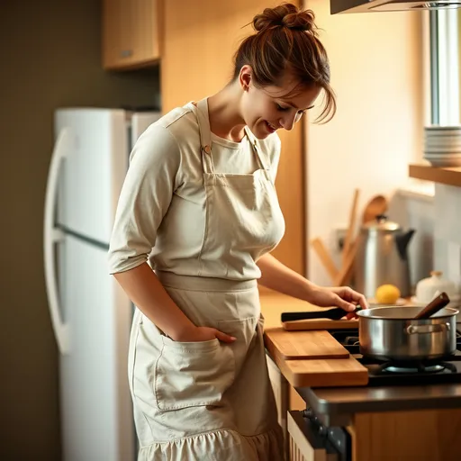 Prompt: A 36-year-old woman stands at her kitchen counter, wearing a cozy, fitted apron over a soft cotton skirt. The apron has a simple yet stylish design, with pockets for practicality. She moves fluidly, leaning slightly forward with one hand stirring a pot on the stove and the other adjusting a cutting board. Her body posture is relaxed but attentive. Her face is focused, with a slight furrow in her brow as she tastes the dish, her lips curling into a small smile of approval. A few locks of her hair escape her neat bun, framing her face. The warm light from the kitchen creates a cozy, inviting atmosphere