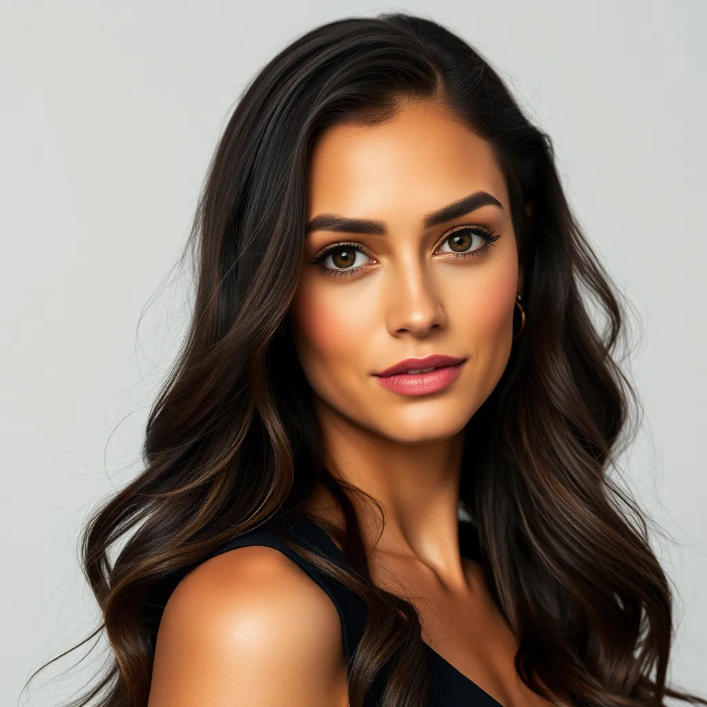 Prompt: Create an image of a woman in her early 30s who embodies both elegance and confidence. She has long, dark, wavy hair that cascades effortlessly over her shoulders, capturing the natural beauty and grace of Gal Gadot. Her face is refined, with high cheekbones and a radiant, glowing complexion that blends Gal Gadot's poise with Margot Robbie’s striking, refined features. Her large, expressive eyes, a deep shade of brown, draw attention with their intensity and warmth, reminiscent of Margot Robbie's captivating gaze.