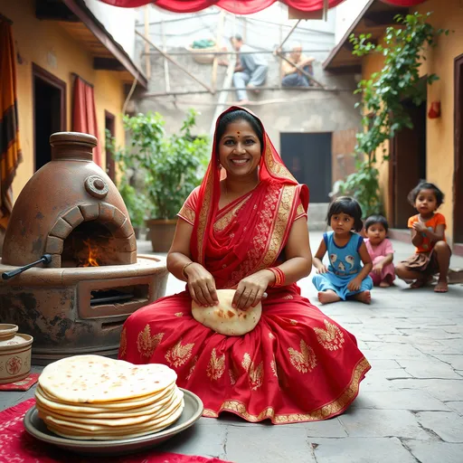 Prompt: A woman in her mid-30s, with a slightly fuller figure (5'4", approximately 140 lbs), sits cross-legged on the ground in a vibrant village courtyard. She is preparing traditional festive food, rolling dough to make flatbreads. She wears a bright red and gold lehenga-choli with her dupatta draped gracefully over her head. Beside her, a large clay tandoor emits a faint glow, and stacks of freshly cooked flatbreads are piled neatly on a plate. Her face is lit with a smile as children gather around, eagerly waiting for the meal