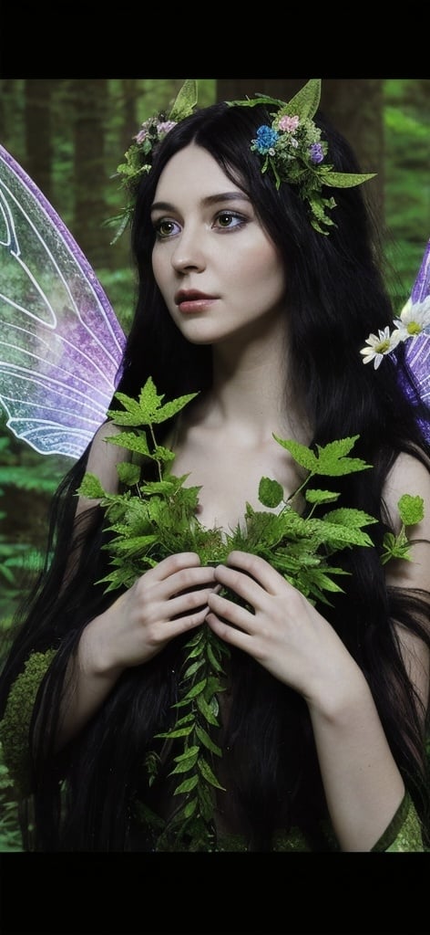 Prompt: A female faerie in her 20s with 4 wings, she has black long hair, fair skin, shes in a green forest with flowers, Its a photo realistic picture, shot in 4k resolution, 1200 speed film, fits a movie theater screen




