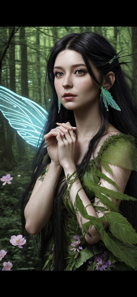 Prompt: A female faerie in her 20s with 4 wings, she has black long hair, fair skin, shes in a green forest with flowers, Its a photo realistic picture, shot in 4k resolution, 1200 speed film, fits a movie theater screen




