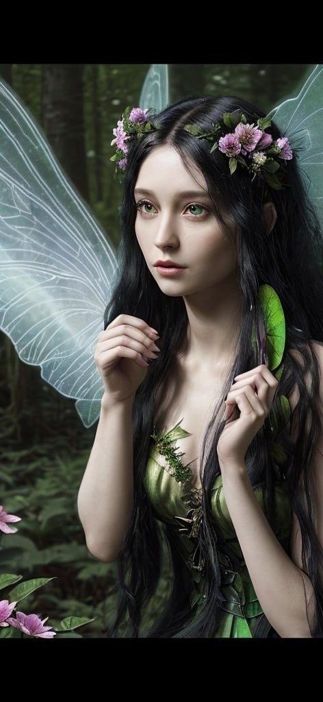 Prompt: A female faerie in her 20s with 4 wings, she has black long hair, fair skin, shes in a green forest with flowers, Its a photo realistic picture, shot in 4k resolution, 1200 speed film, fits a movie theater screen




