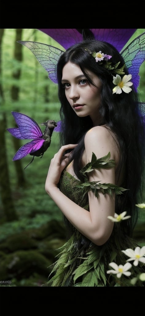 Prompt: A female faerie in her 20s with 4 wings, she has black long hair, fair skin, shes in a green forest with flowers, Its a photo realistic picture, shot in 4k resolution, 1200 speed film, fits a movie theater screen





