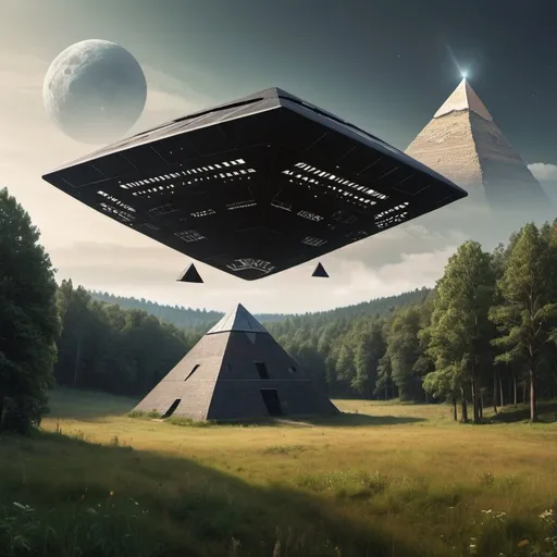 Prompt: A barn is setting in a meadow, a black triangular shaped spaceship is hovering over a forest and a pyramid setting behind the barn