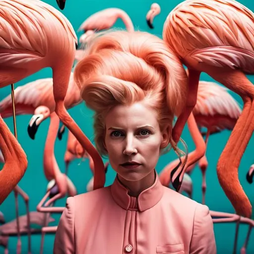 Prompt: A portrait of a woman in a Wes Anderson film. The woman’s hair twists upwards into a surreal flamingo head