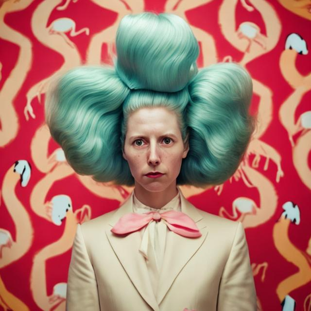 Prompt: A portrait of a woman in a Wes Anderson film. The woman’s hair twists upwards into a surreal flamingo head