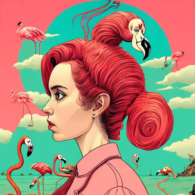 Prompt: A portrait of a woman in a Wes Anderson and dr suess mashup. A woman’s hair twists upwards into a surreal flamingo head