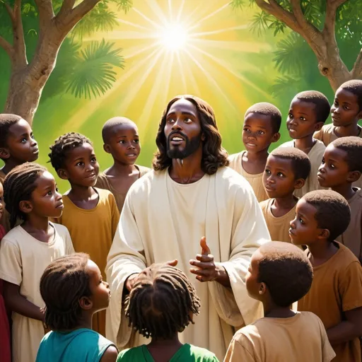 Prompt: Generate an image of black Jesus teaching African children listening intently