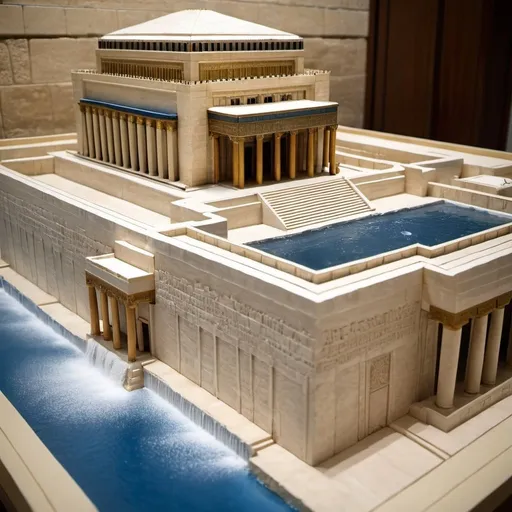 Prompt: model of Jewish new Third Temple in Jerusalem with water cascading out of door 