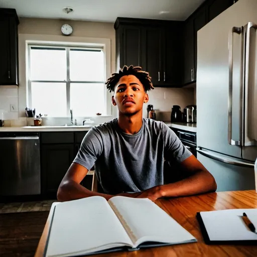 Prompt: younger Greg, sitting at a kitchen table, doing homework by himself. The room feels quiet, almost empty. His father, Josh Higgins, walks in, tired but determined, setting down a bag of groceries.)