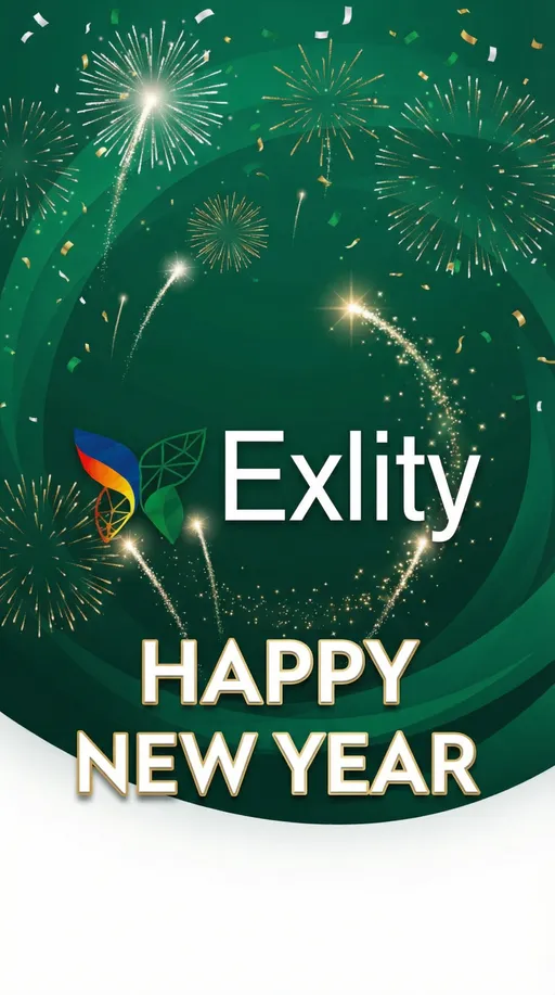 Prompt: i need happy new year video 1. company name Exlity , 2. company logo(attactched) , 3. Background #006442 green and White , it should be very interesting.