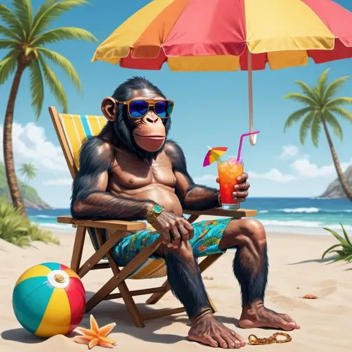 Prompt: "A Bored Ape NFT character, with a relaxed and chill expression, six pack , tattoes , sitting on a beach chair by the ocean. The ape is wearing stylish sunglasses, rolex , golden chains ,  a Hawaiian shirt, and flip-flops, holding a colorful cocktail with a tiny umbrella. The scene has a vibrant summer vibe, with palm trees, a clear blue sky, and a few beach accessories like a surfboard and beach ball nearby. The overall mood is fun, laid-back, and perfect for a travel-themed t-shirt."