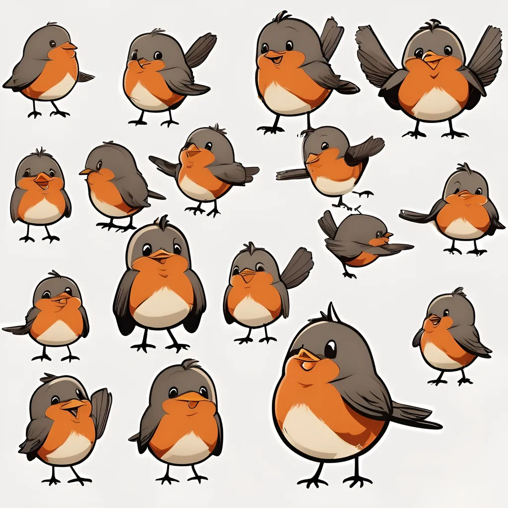 Prompt: 9 images of a happy cartoon robin bird, in different poses and angles