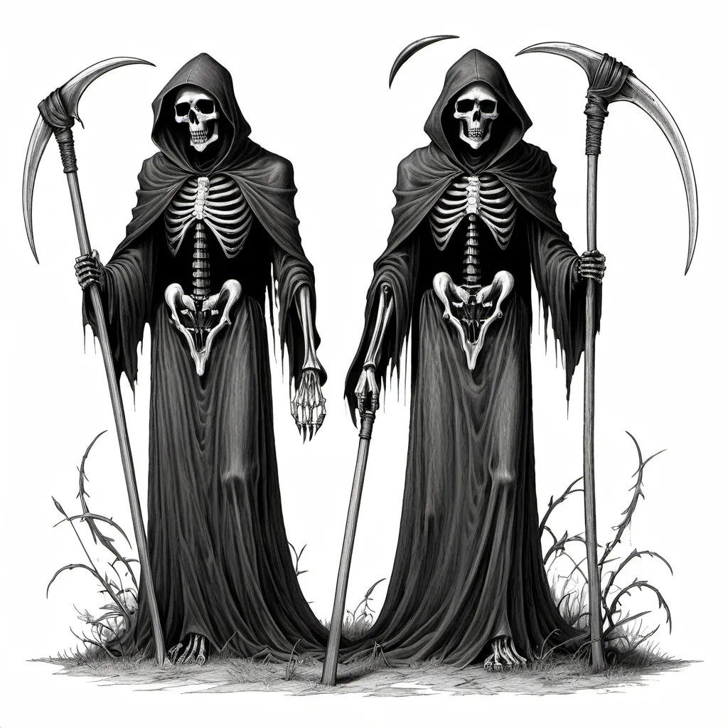 Prompt: Drawing of two grim reapers without skeleton with wings holding scythes 