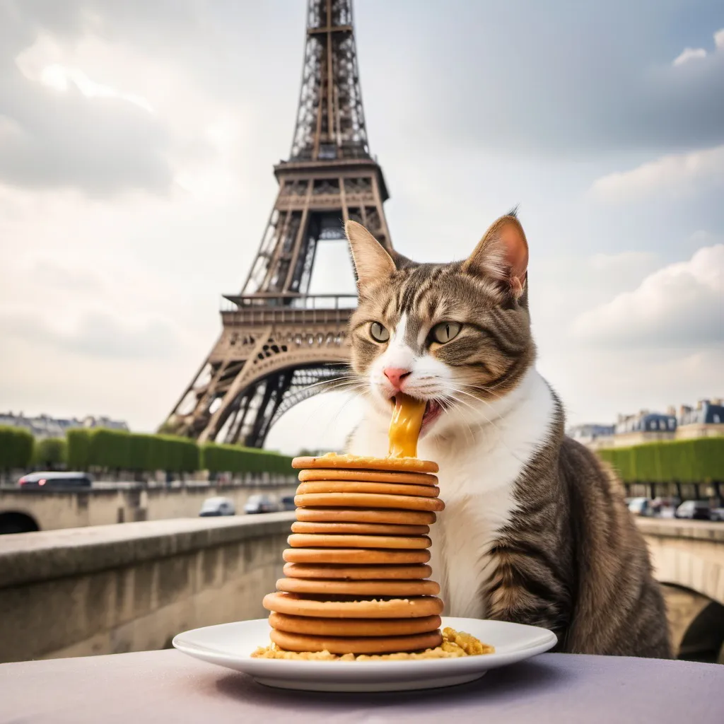 Prompt: cat in paris tower eating noddls