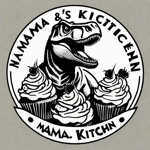 Prompt: Circle logo with one large and two small tyrannosaurus rexes, cupcakes,  black and white, high contrast. include title "Mama's Kitchen".
