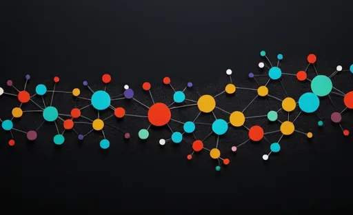 Prompt: an abstract network of medium-sized colorful dots connected together, on a dark but not black textured background