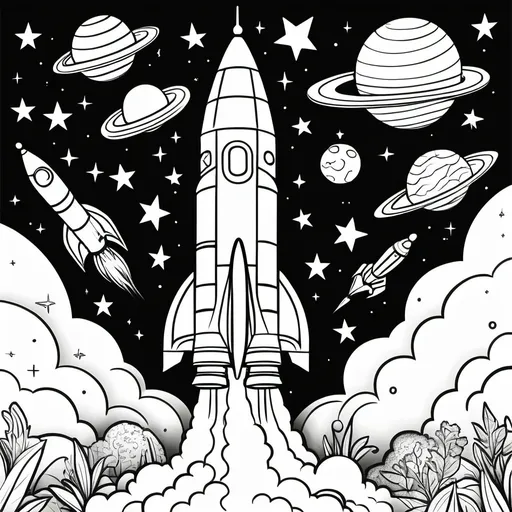 Prompt: /imagine coloring page for kids of a rocket space ship --AR 8.25 x 11.50