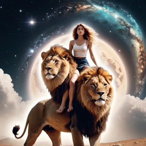 Prompt: Ethereal, universe, lio and woman riding a lion, astro, light, sign leo, add: ♌︎
contain ♌︎