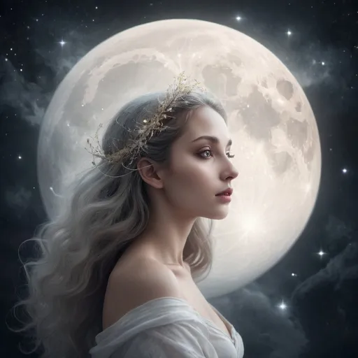 Prompt: Ethereal, universe,  a fullmoon, light ethereal Aries, a woman
