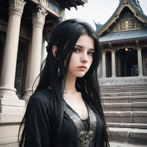 Prompt: Girl of 18 years old, black long hair is  preying in a front of a temple in a style of final fantasy and Paris