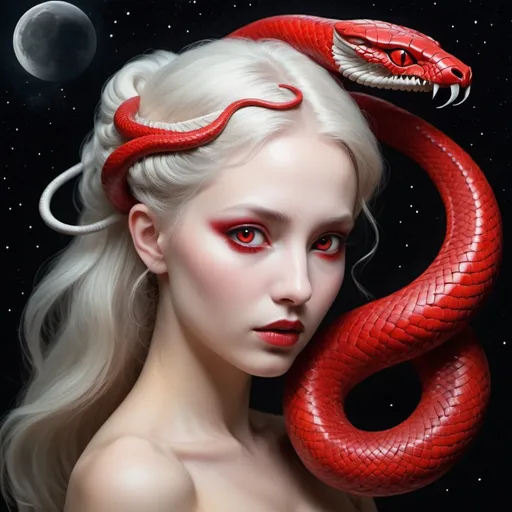 Prompt: Ethereal, universe, Waning gibbous Moon, light ethereal zodiac sign ophuichus, woman with red snake eyes, cobra