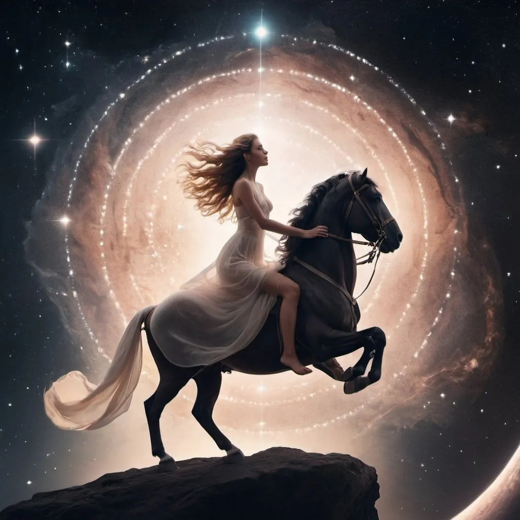 Prompt: Ethereal, universe, leo and woman riding, astro, light, sign leo, add: ♌︎