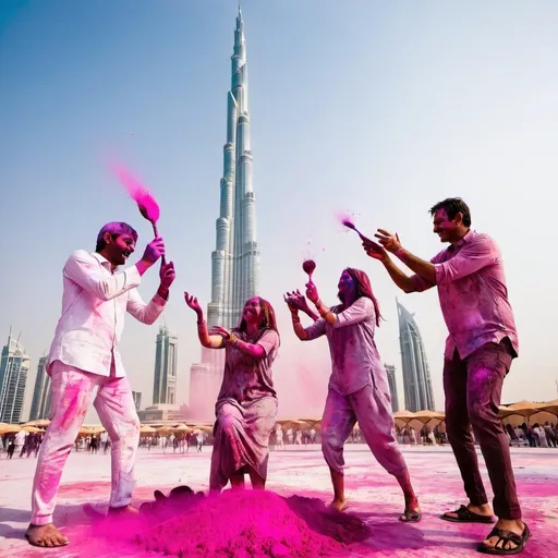 Prompt: 2 men and 2 women are playing holi in front of burj khalifa