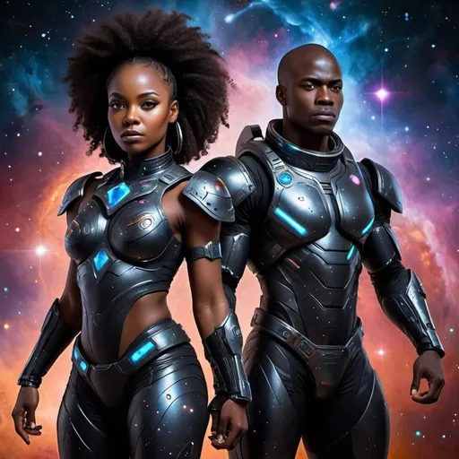 Prompt: Black African female and male space warriors, cosmic background with nebulas and galaxies, powerful and determined stance, detailed facial features, futuristic full body armor, high quality, dynamic poses, detailed armor, powerful presence, cosmic, determined expressions, professional lighting