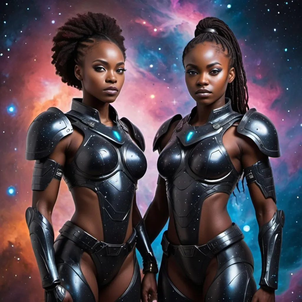 Prompt: Black African female and male space warriors, cosmic background with nebulas and galaxies, powerful and determined stance, detailed facial features, futuristic full body armor, high quality, dynamic poses, detailed armor, powerful presence, cosmic, determined expressions, professional lighting