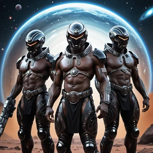 Prompt: Black African space warriors, futuristic sci-fi illustration, detailed armor with tribal motifs, hi-tech weaponry, intense and powerful stance, cosmic background with galaxies and nebulas, high quality, ultra-detailed, sci-fi, futuristic, tribal motifs, cosmic background, intense stance, powerful, hi-tech weaponry, warrior, armor, Black African, space