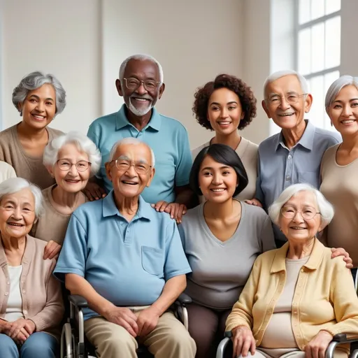 Prompt: multicultural and diverse group of elderly people ranging in abilities