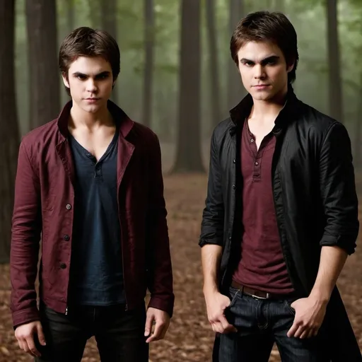 Prompt: Create a short storyline based Vampire brothers, Stefan and Damon Salvatore, battle for the affection of selfless teenager, Elena Gilbert. Stefan is the good and kind-hearted brother that feeds on animal blood to keep from killing anybody, and Damon is the selfish and dangerous older brother that feeds on human blood carelessly.