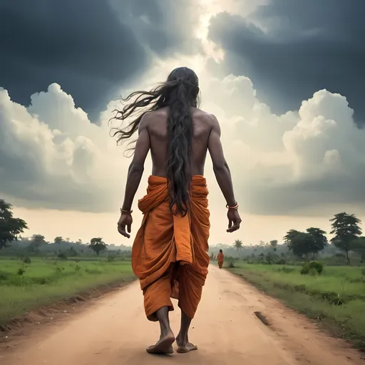 Prompt: A very  huge lady left hand  coming from sky between clouds,..a sanyasi man with long hair walking towards that hand..welcoming him